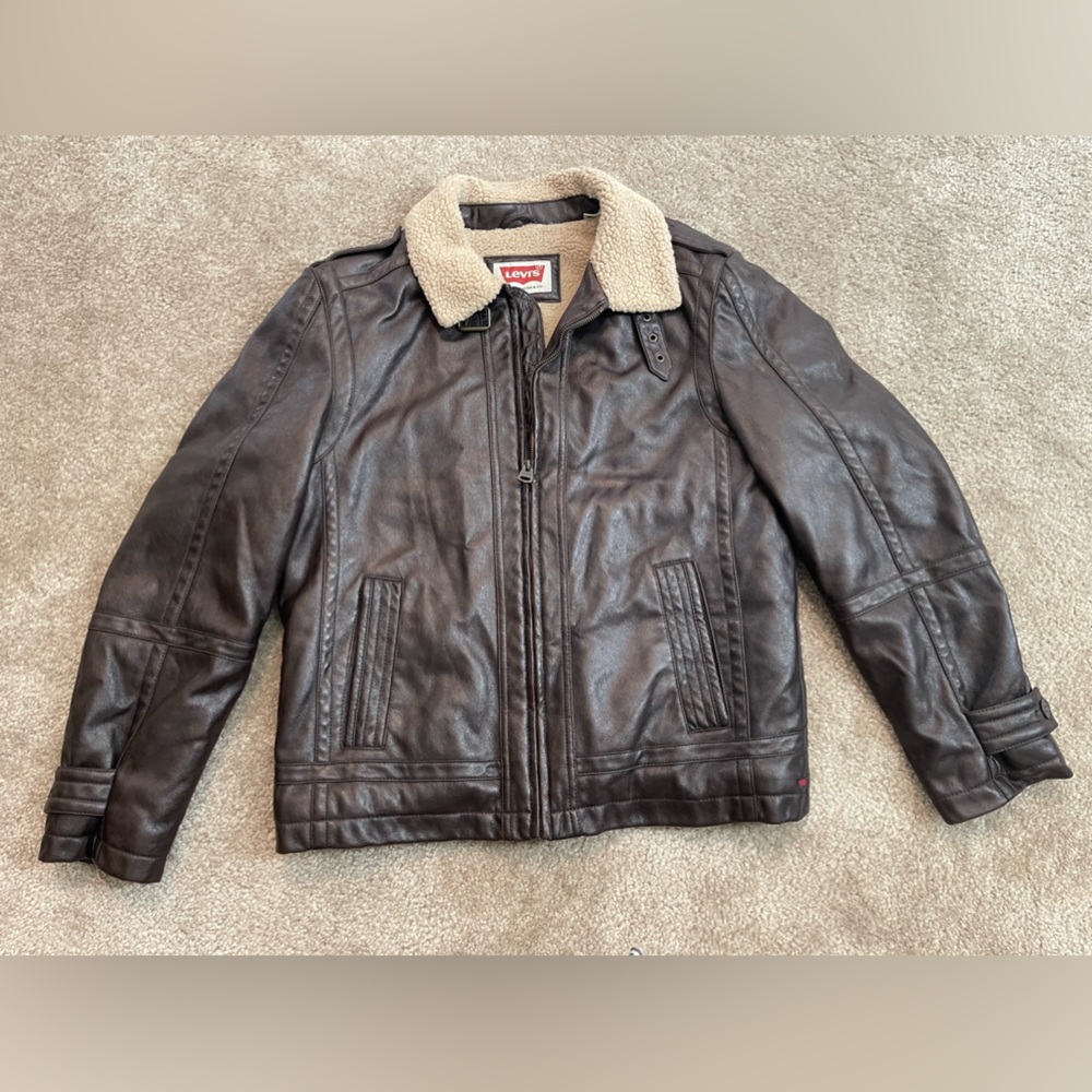 Men’s Levi's Sherpa Lined Bomber Faux Leather Jacket Dark Brown Size M